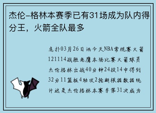 杰伦-格林本赛季已有31场成为队内得分王，火箭全队最多