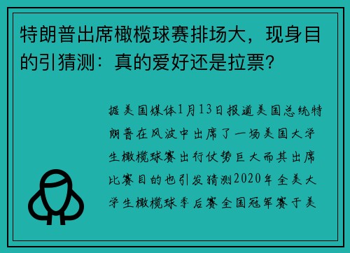 特朗普出席橄榄球赛排场大，现身目的引猜测：真的爱好还是拉票？